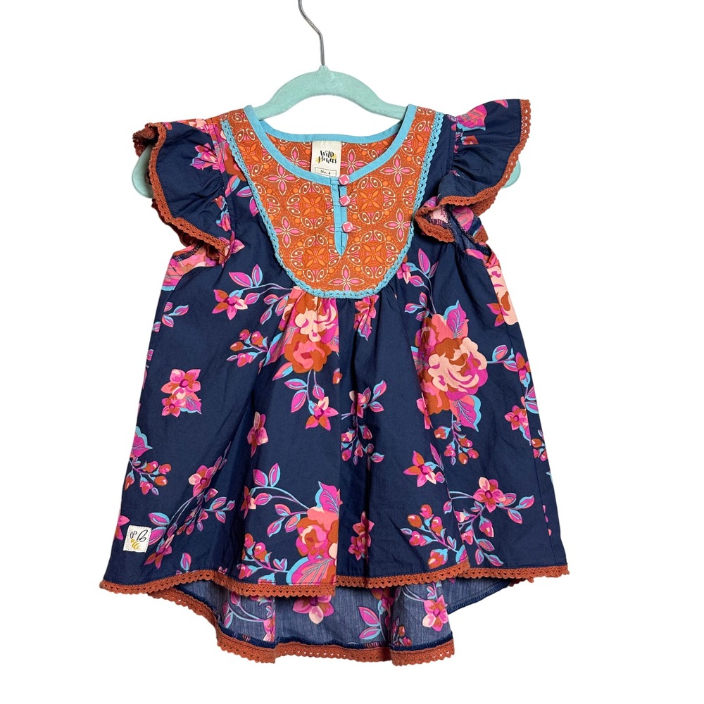 Wild‎ Flowers No 4 Girls Navy Floral Flutter Sleeve Top Orange Neckline Boho